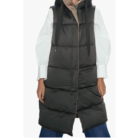 Zara Reversible Long Ling Quilted Vest Black and Olive Green Medium - Picture 1 of 8